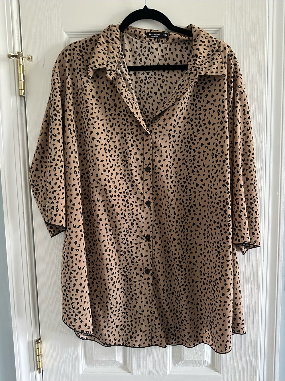 SHEIN Tan Button-Up Blouse with Black Spot Print
